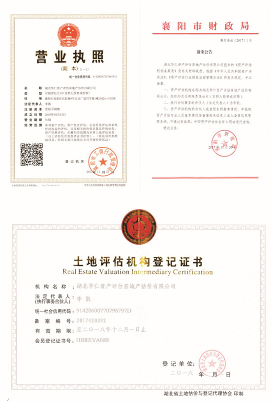 華仁資產(chǎn)評估房地產(chǎn)估價有限公司營業(yè)執(zhí)照、資產(chǎn)評估備案公告、土地評估機(jī)構(gòu)登記證書.jpg